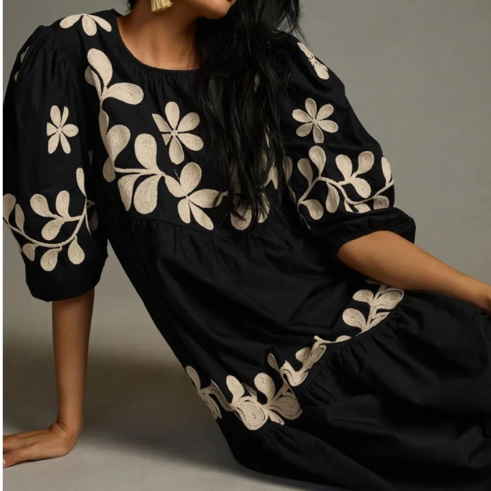 NWT | Anthropologie Embroidered Puff-Sleeve Midi Dress | Size S - Picture 2 of 7